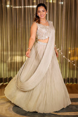 Grey Chinon Silk Sequin Cutdana Work Lehenga with Attached Dupatta