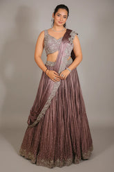 Mauve Chinon Silk Cutdana Sequin Work Lehenga with Attached Dupatta