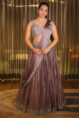 Mauve Chinon Silk Cutdana Sequin Work Lehenga with Attached Dupatta