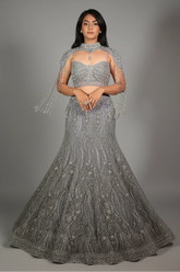 Powder Blue Net Fish Cut Designer Cutdana Sequin Worked Lehenga with Embellished Cape Blouse