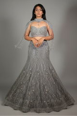 Powder Blue Net Fish Cut Designer Cutdana Sequin Worked Lehenga with Embellished Cape Blouse