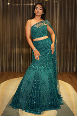 Teal Blue Net Embellishment Fish Cut Sequin Cutdana Work Lehenga with One Shoulder Cape Corset