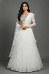 Pearl White Organza Lehenga with Stone Work and Attached Dupatta