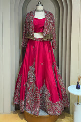Deep Maroon Designer Handworked Raw Silk Crop Top Lehenga with Jacket
