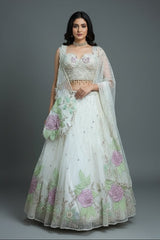 Pearl White Net Floral Patch Lehenga with Sequin Beaded Work