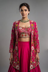 Pink Raw Silk Floral Embroidered and Beads Work Crop Top Lehenga with Jacket