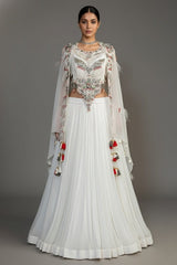 Pearl White Sequin Worked Georgette Crop Top Lehenga with Jacket