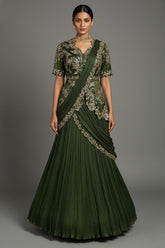 Green Chinon Chiffon Lehenga with Attached Dupatta and Long Top