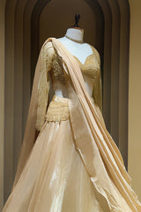Beige Glass Tissue Handworked Crop Top Lehenga with Attached Dupatta