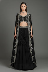 Black Chinon Chiffon Beaded Crop Top Lehenga with Attached Dupatta and Long Jacket