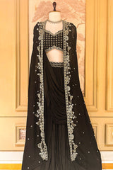 Black Chinon Chiffon Beaded Crop Top Lehenga with Attached Dupatta and Long Jacket