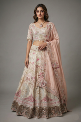 Cream Designer Floral Work Lehenga with Beaded and Mirror Work