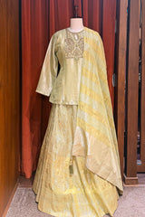 Light Pista Green Tissue Lehenga with Zardosi Worked Long Top