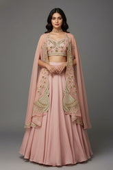 Dusty Pink Silk Crop Top Lehenga with Cutdana Beaded Worked Jacket