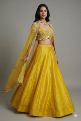 Yellow Raw Silk Beaded Crop Top Lehenga with Shrug