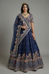Blue Silk Embellished Floral Embroidered and Cutdana Beaded Work Lehenga