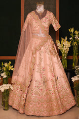 Light Pink Silk Peacock Motifs Zardosi and Sequin Worked Lehenga with Scalloped Border