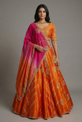 Rust Orange Tissue Zardosi and Sequins Worked Paisley Motif Lehenga