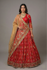 Red Gaji Silk Gharchola Lehenga with Applique and Embroidery Work Lehenga
