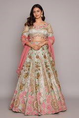 Pista Green Raw Silk Floral Resham Embroidered and Embellished Bead Work Lehenga