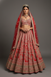 Red Tissue Designer Zardosi and Pearl Worked Lehenga