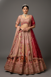 Dusty Pink Silk Zardosi and Velvet Patch Worked Lehenga with Double Dupatta