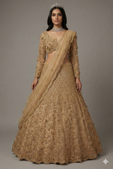 Champagne Beige Designer Sequinned and 3D Flower Worked Lehenga