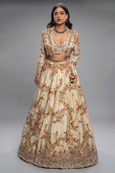 Ivory Cream Raw Silk Floral Embroidered Designer Lehenga with Jacket