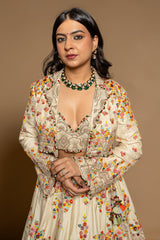 Ivory Cream Raw Silk Floral Embroidered Designer Lehenga with Jacket