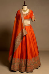 Orange Matka Silk Sequins and Zardosi Worked Border Lehenga
