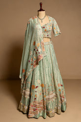 Aqua Green Tissue Designer Bead and Multi Thread Floral Work Lehenga