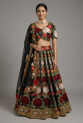 Black Raw Silk Floral Embroidered and Sequin Beaded Worked Lehenga