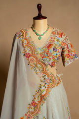 Light Grey Organza Floral Embroidered and Sequin Worked Lehenga