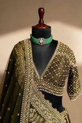 Olive Green Matka Silk Zardosi and Sequin Worked Lehenga with Double Dupatta