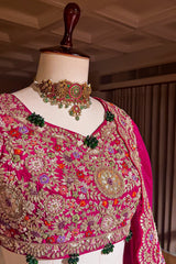 Pink Organza Lehenga with Beads and Zardosi Worked Peacock Motif Butta