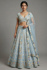 Light Blue Silk All Over Beaded and Mirror Worked Lehenga