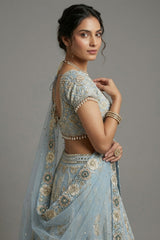 Light Blue Silk All Over Beaded and Mirror Worked Lehenga