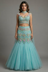 Mint Blue Net Designer Sequinned and Beaded Work Fish Cut Lehenga