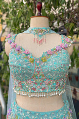 Mint Blue Net Designer Sequinned and Beaded Work Fish Cut Lehenga