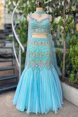 Mint Blue Net Designer Sequinned and Beaded Work Fish Cut Lehenga