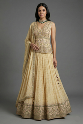 Cream Tissue Embroidered Lehenga Choli with Dupatta