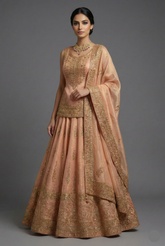 Blush Peach Tissue Embroidered Lehenga with Peplum Blouse
