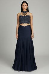 Dark Blue Fishcut Lehenga with Blouse and Choker Dupatta