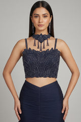 Dark Blue Fishcut Lehenga with Blouse and Choker Dupatta