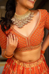 Orange Matka Silk Sequin Embroidered Lehenga