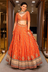 Orange Matka Silk Sequin Embroidered Lehenga
