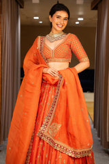 Orange Matka Silk Sequin Embroidered Lehenga