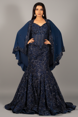 Blue Net Sequinned and Cutdana Worked Fish Cut Lehenga with Corset