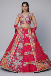 Pink Raw Silk Woven Lehenga with Mirror and Bead Work