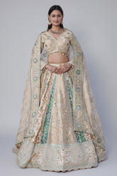 Cream and Green Tissue Mirror and Bead Work Lehenga
